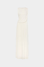 Ivory sleeveless maxi dress with draped cowl neckline and gathered waist