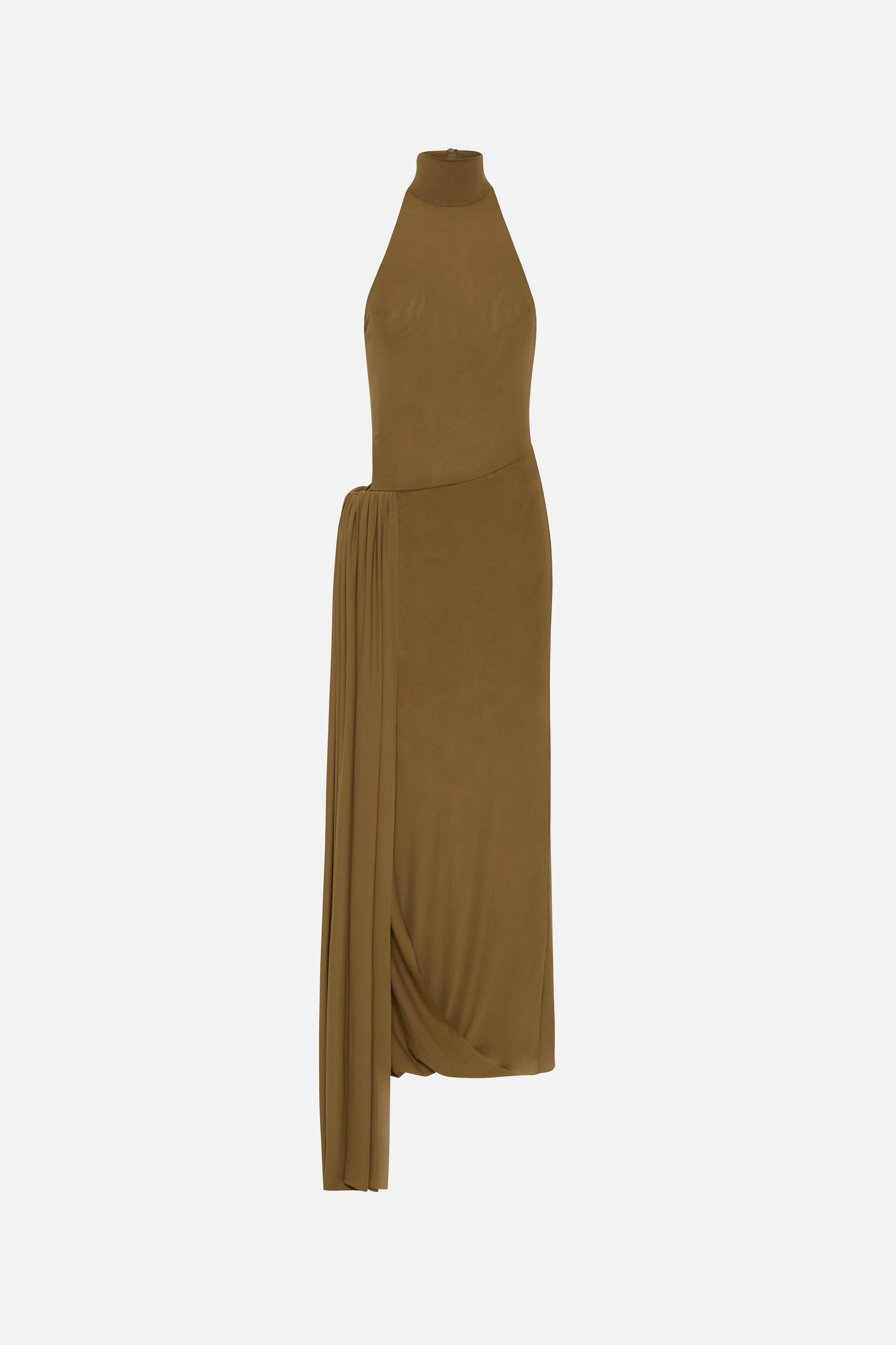 Olive sleeveless halter mesh dress with long column silhouette
