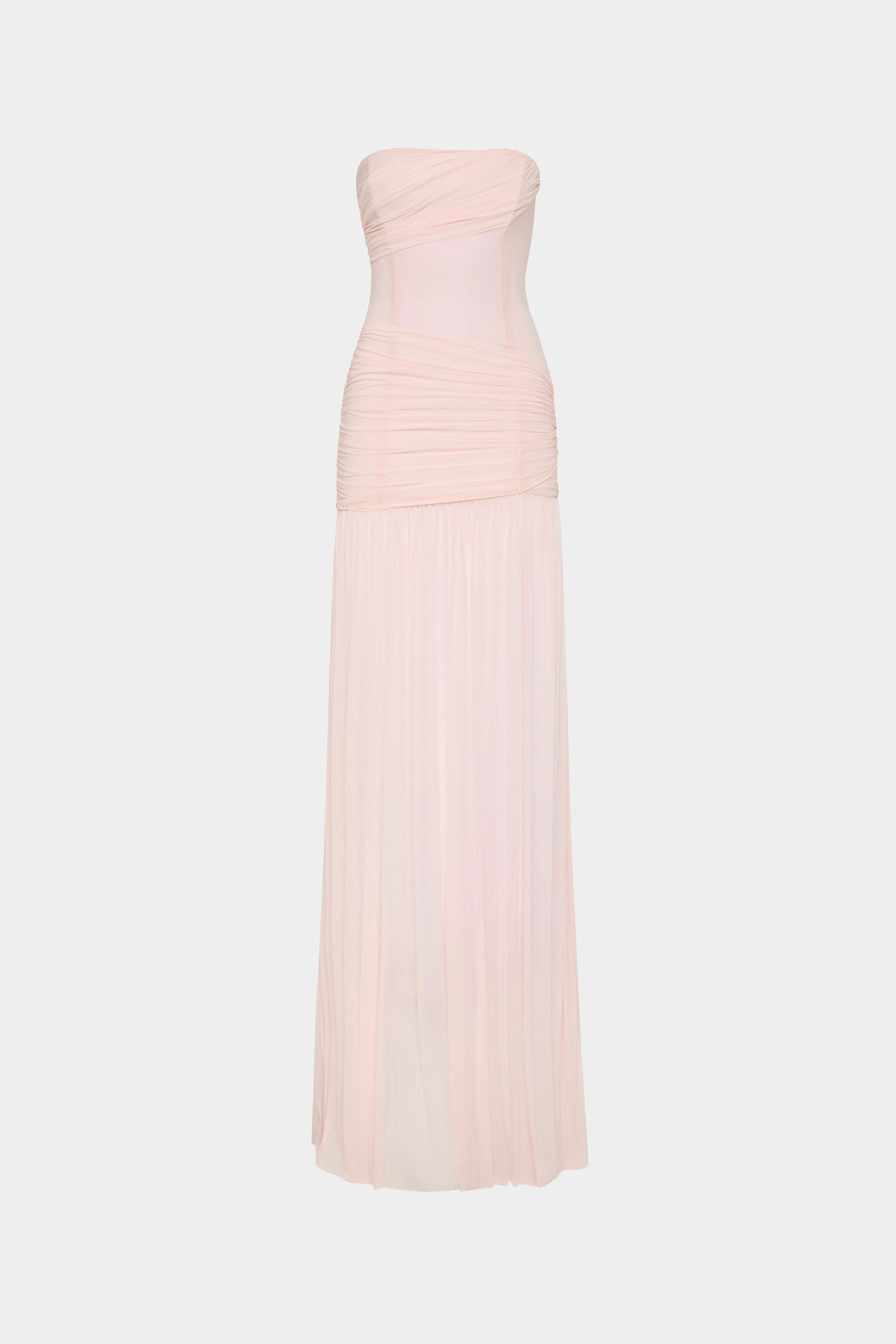 Dusty pink ruched strapless wrapped maxi dress with draped bodice and pleated sheer skirt