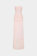 Dusty pink ruched strapless wrapped maxi dress with draped bodice and pleated sheer skirt