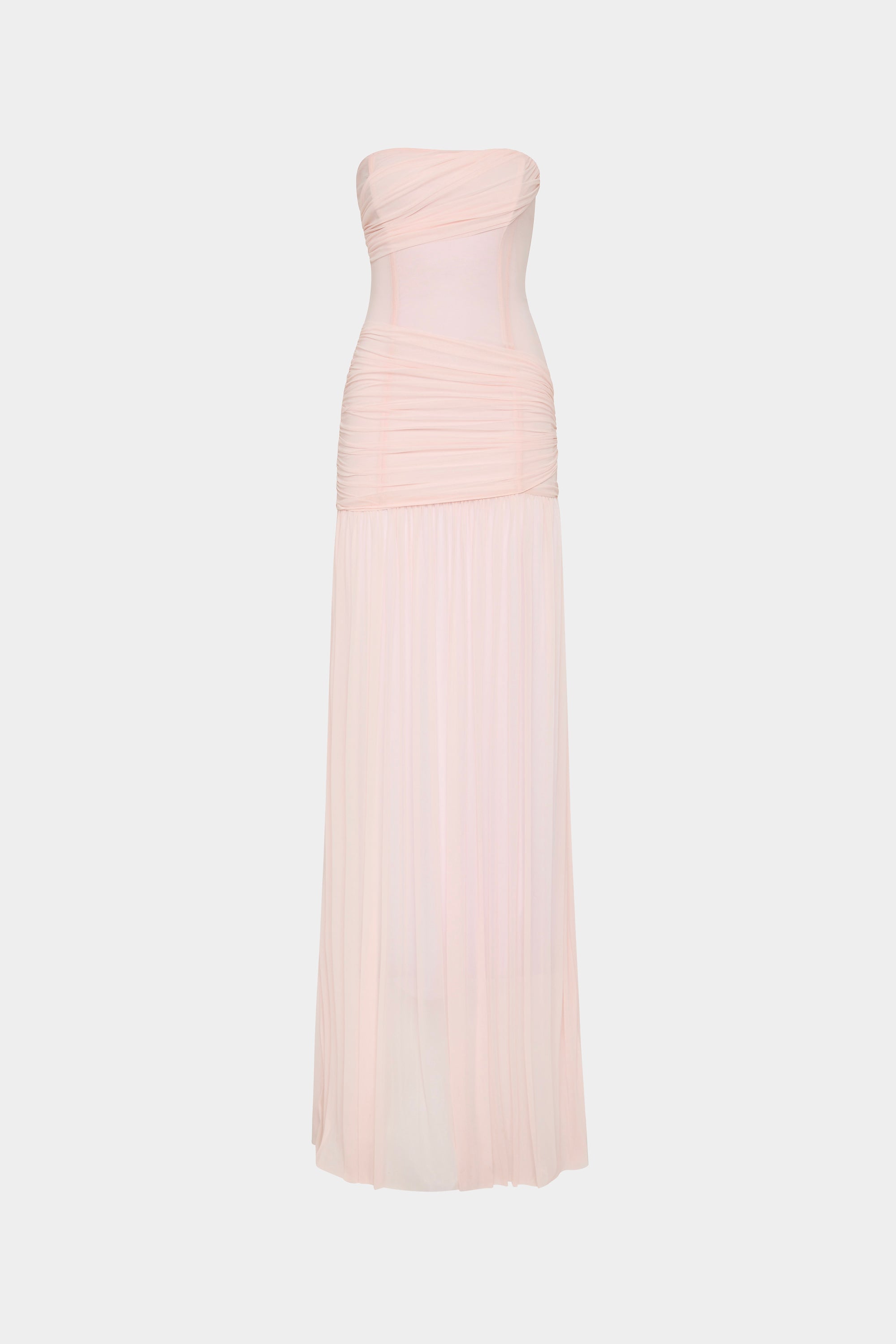 Dusty pink ruched strapless wrapped maxi dress with draped bodice and pleated sheer skirt