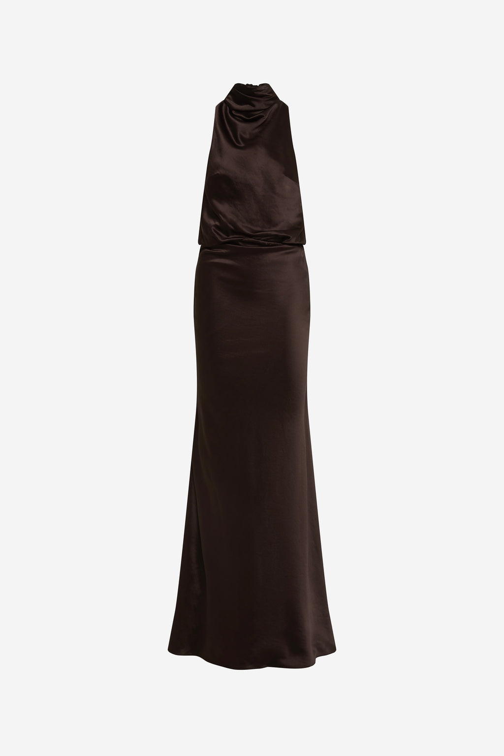 Chocolate satin sleeveless column dress with high neck and draped bodice