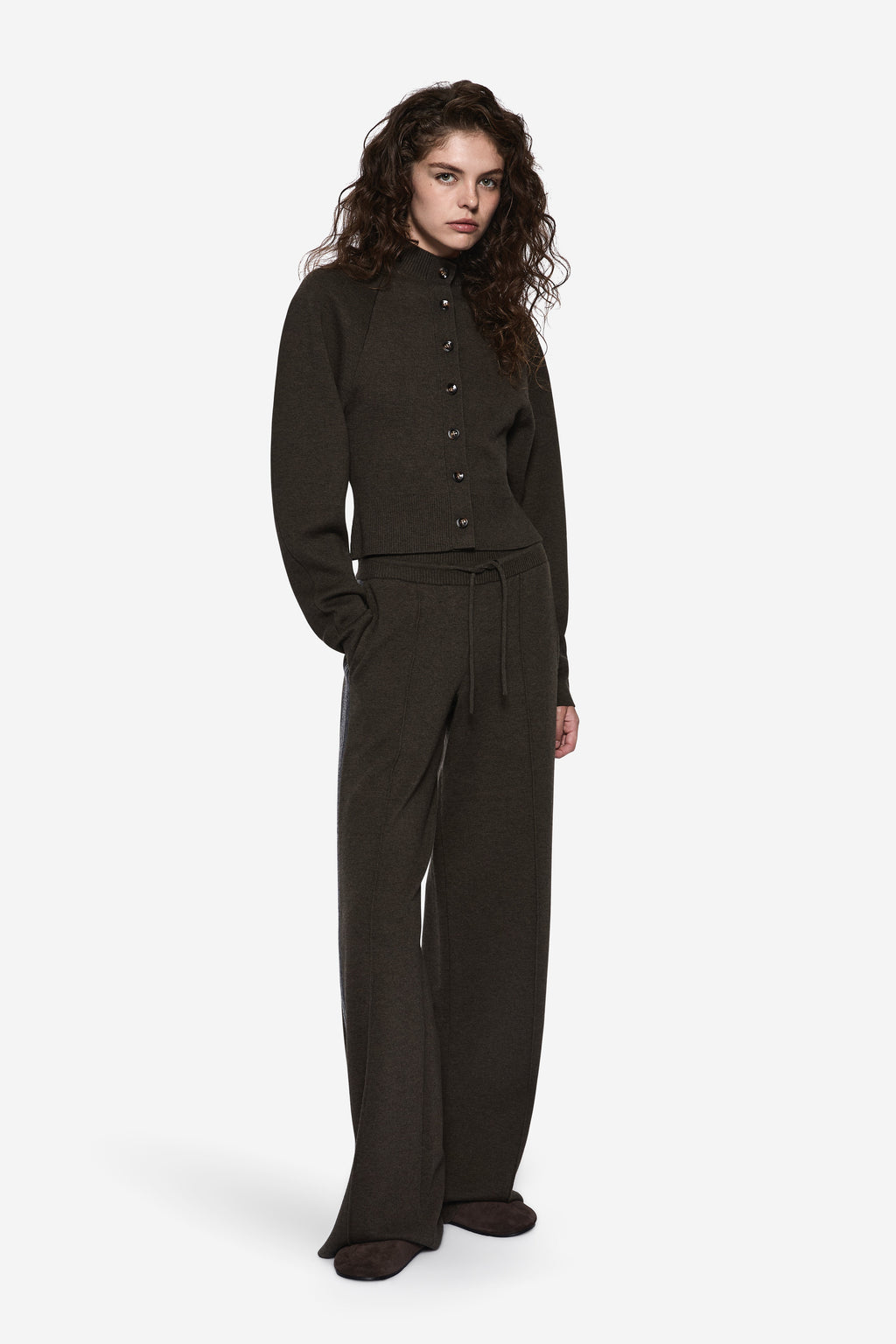 Merino knit pants, dark hunter green wide-leg style with drawstring and blue side stripe