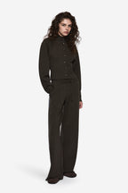 Merino knit pants, dark hunter green wide-leg style with drawstring and blue side stripe
