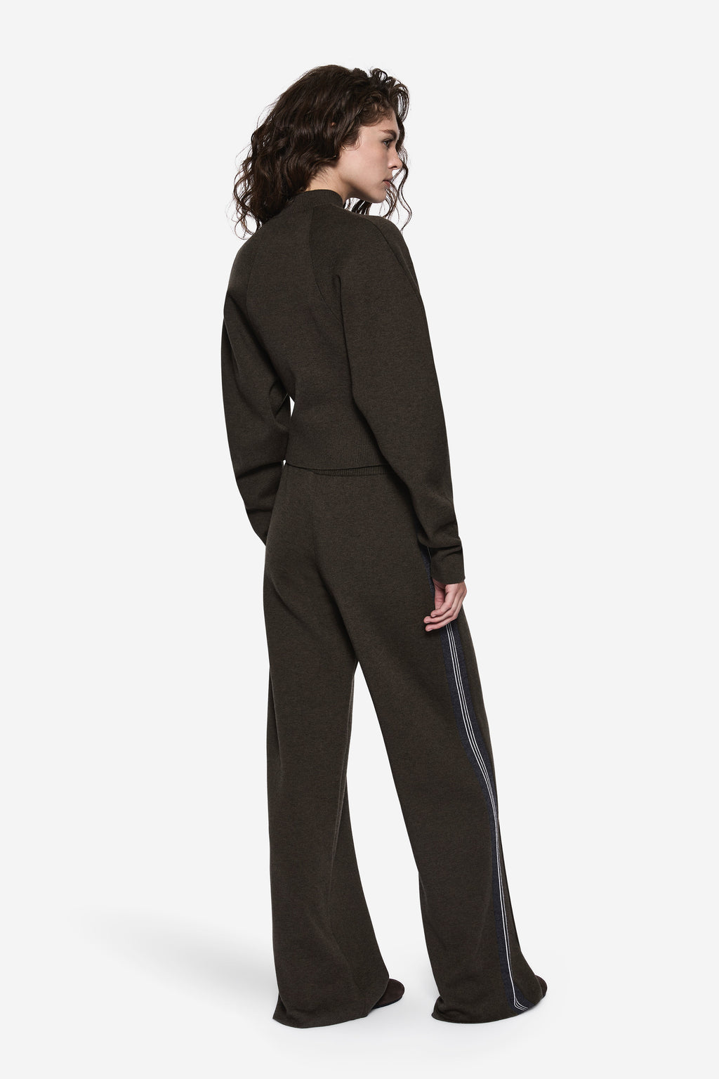 Merino knit pants, dark hunter green with blue side stripe; wide-leg silhouette