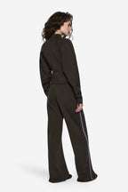 Merino knit pants, dark hunter green with blue side stripe; wide-leg silhouette