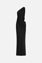 Black satin maxi dress with one-shoulder drape detail