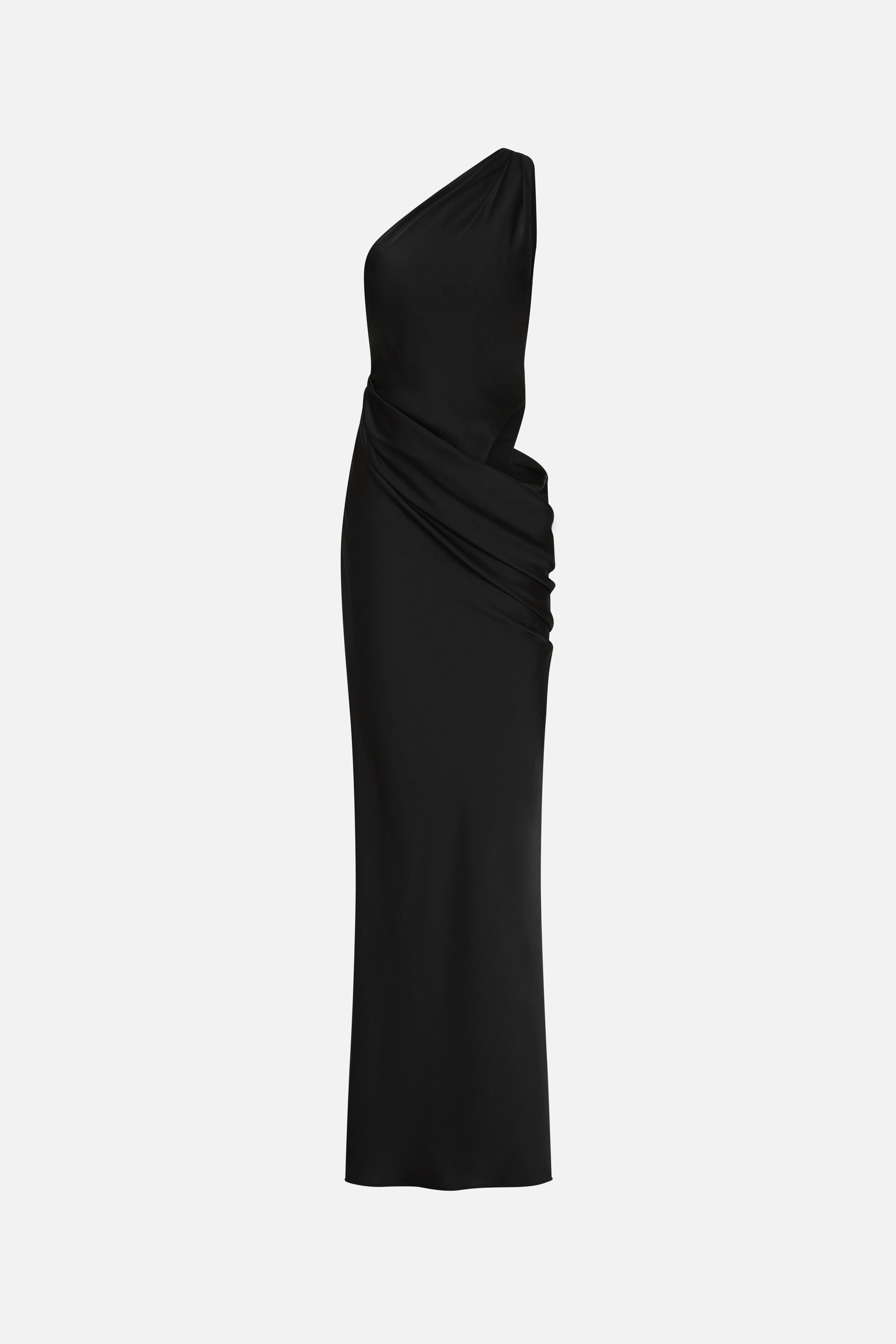 Black satin maxi dress with one-shoulder drape detail