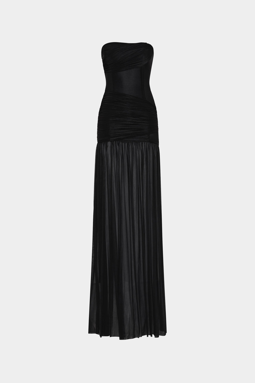 Black strapless maxi dress with ruched top and pleated lower skirt