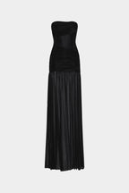 Black strapless maxi dress with ruched top and pleated lower skirt