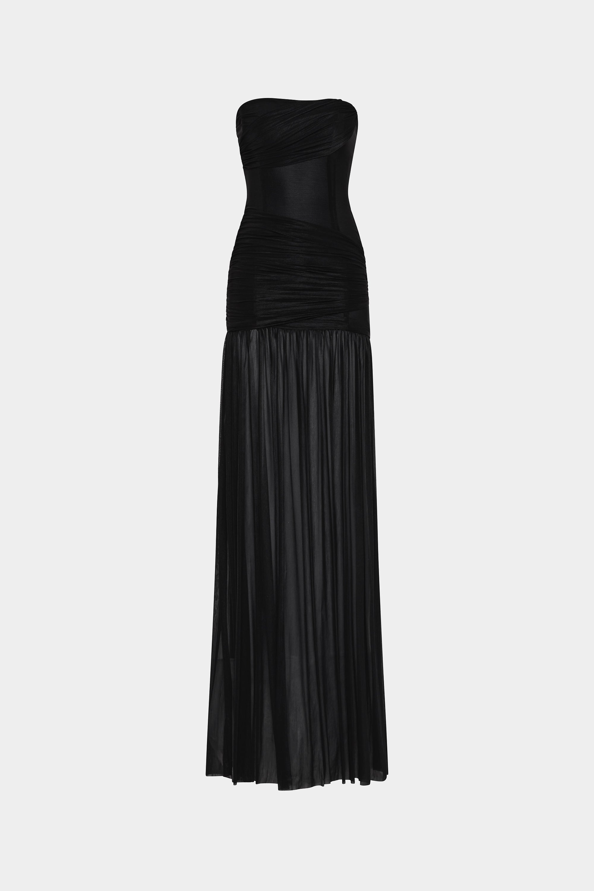 Black strapless maxi dress with ruched top and pleated lower skirt
