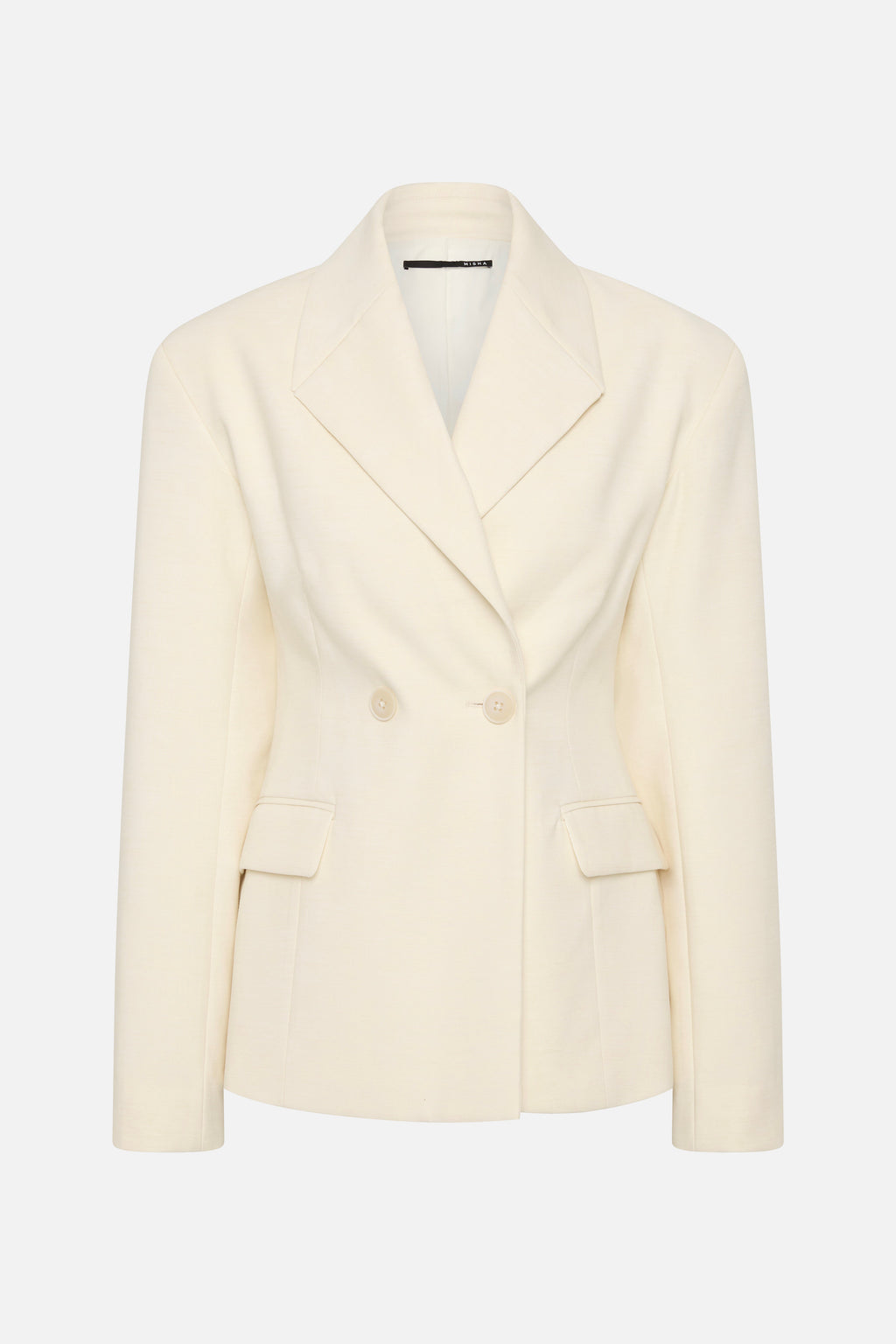 Cream blazer front view with notched lapels, flap pockets, and two-button closure.