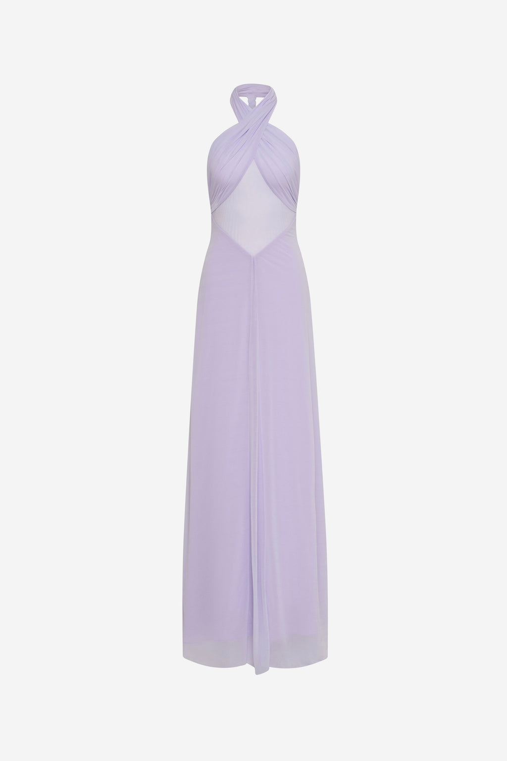 Lilac halter maxi dress with twisted neck and gathered crossover back