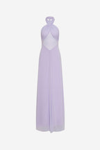 Lilac halter maxi dress with twisted neck and gathered crossover back