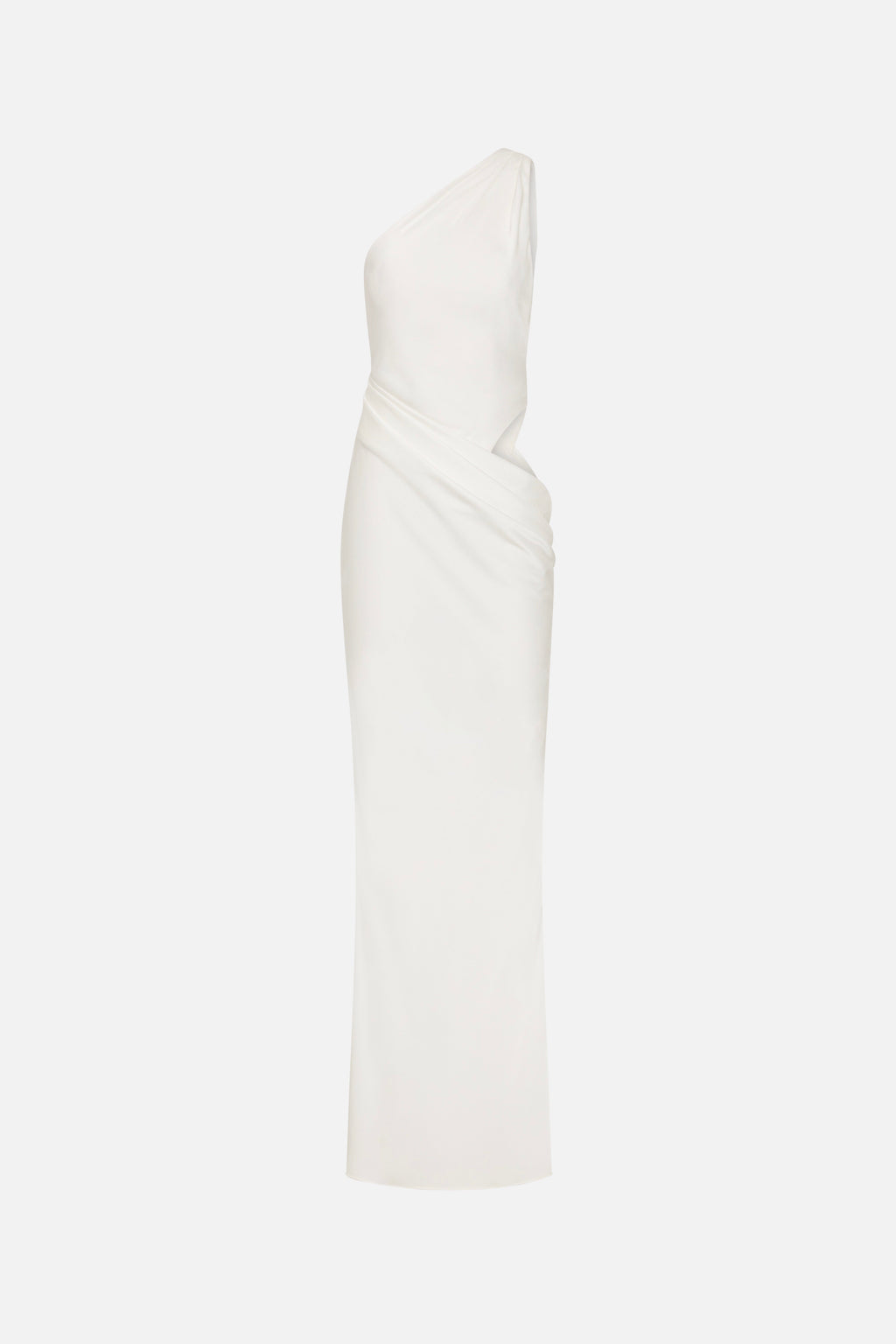 Ivory satin maxi dress with one-shoulder design and side drape