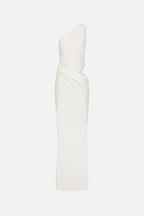 Ivory satin maxi dress with one-shoulder design and side drape