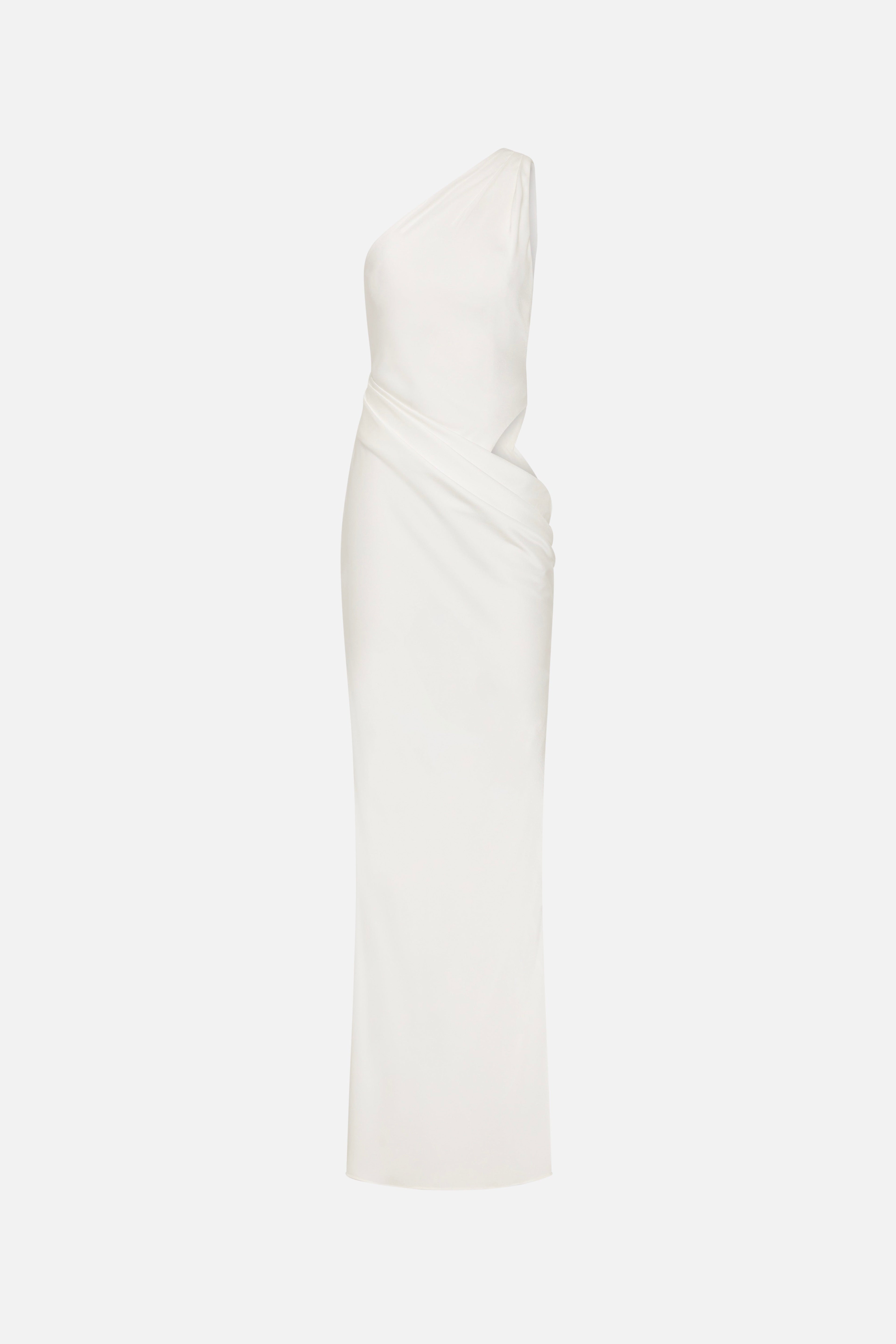 Ivory satin maxi dress with one-shoulder design and side drape