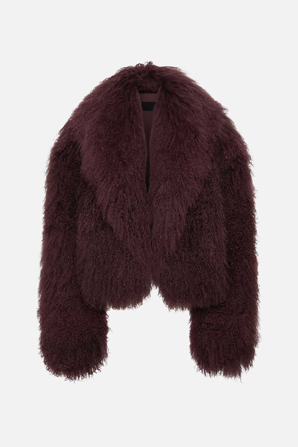 Maroon shearling jacket front view with wide shawl collar and textured pile