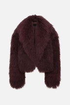 Maroon shearling jacket front view with wide shawl collar and textured pile