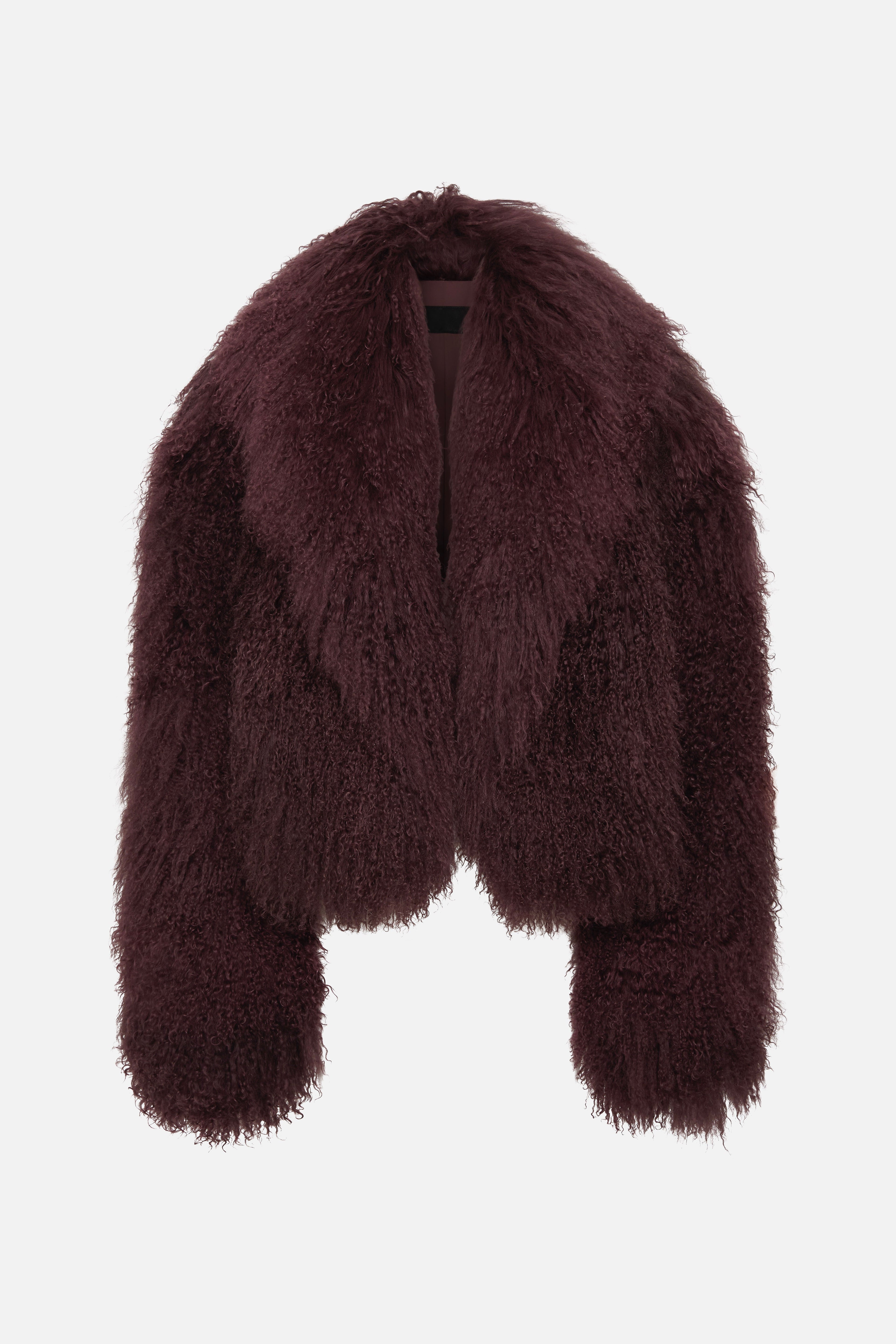 Maroon shearling jacket front view with wide shawl collar and textured pile