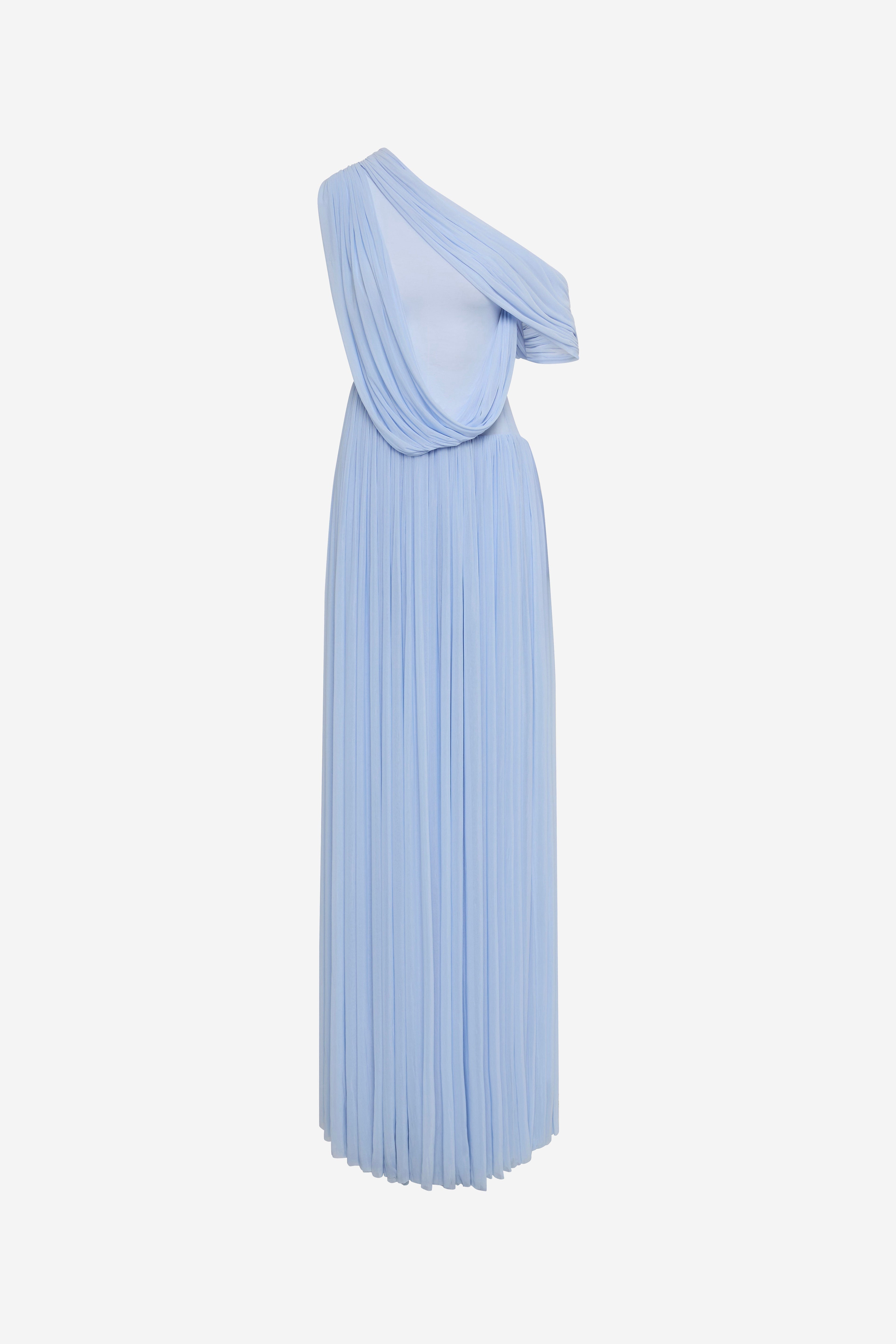 Cornflower sleeveless maxi dress with draped one-shoulder detail and vertical pleats