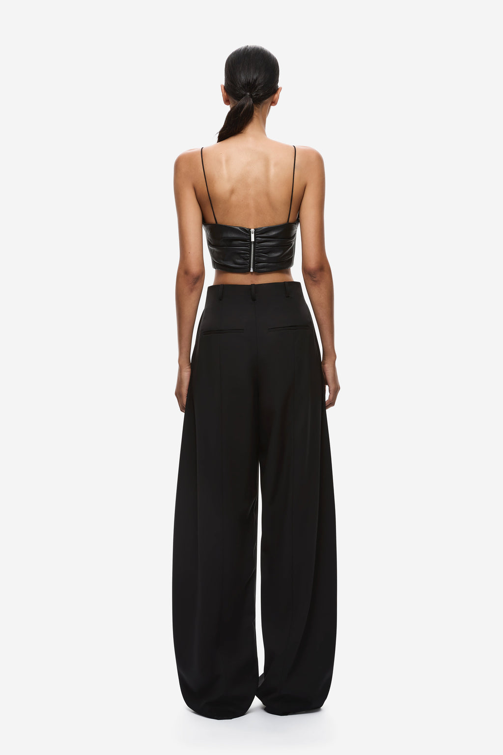 Black wide-leg trousers, back view, high waist pleats