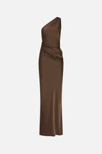 Brown satin draped halter maxi dress, side view with gathered waist seam