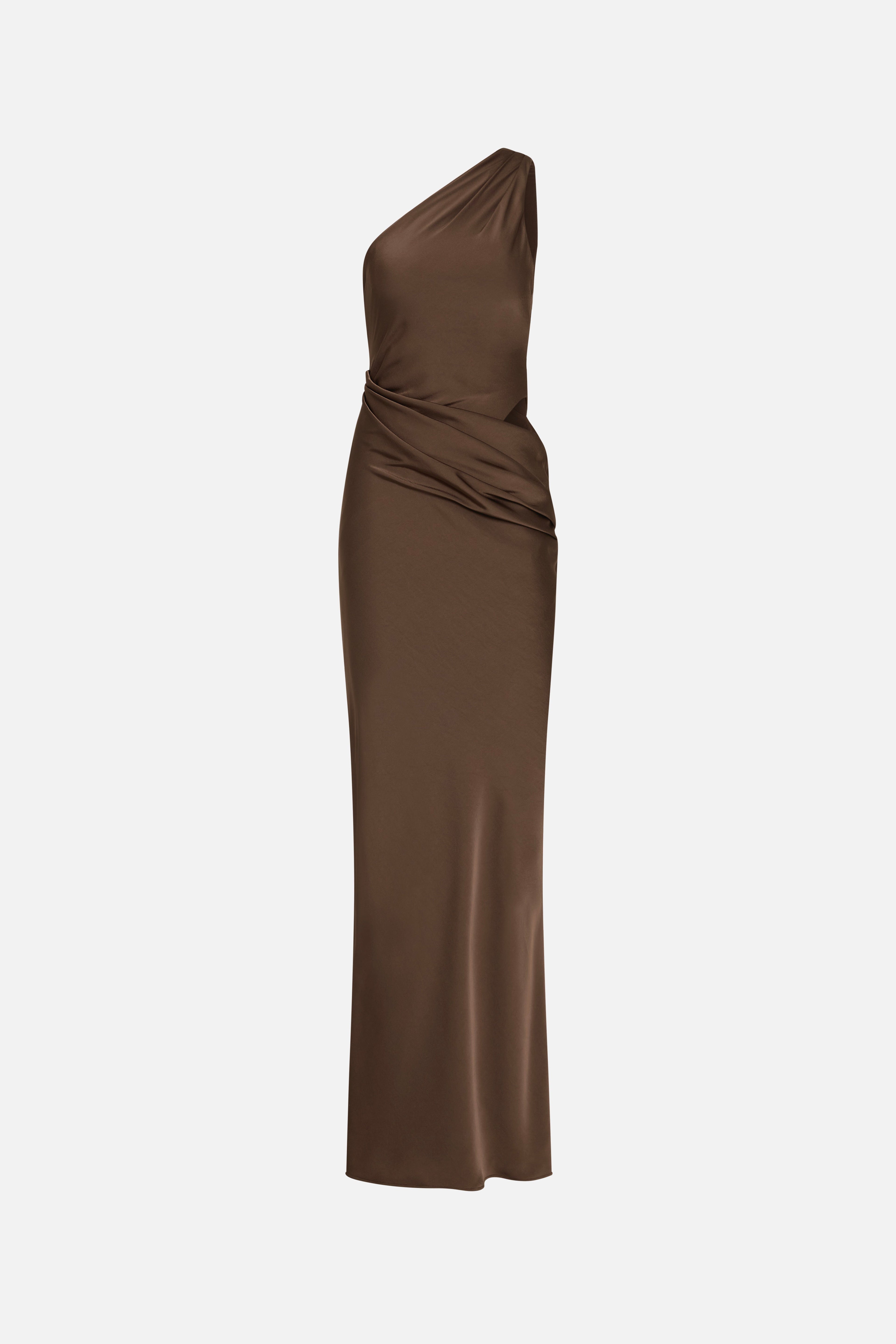 Brown satin draped halter maxi dress, side view with gathered waist seam