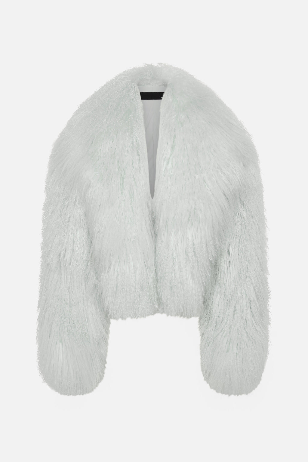 Pale mint shearling jacket, cropped view showing open front and long sleeves
