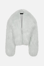 Pale mint shearling jacket, cropped view showing open front and long sleeves