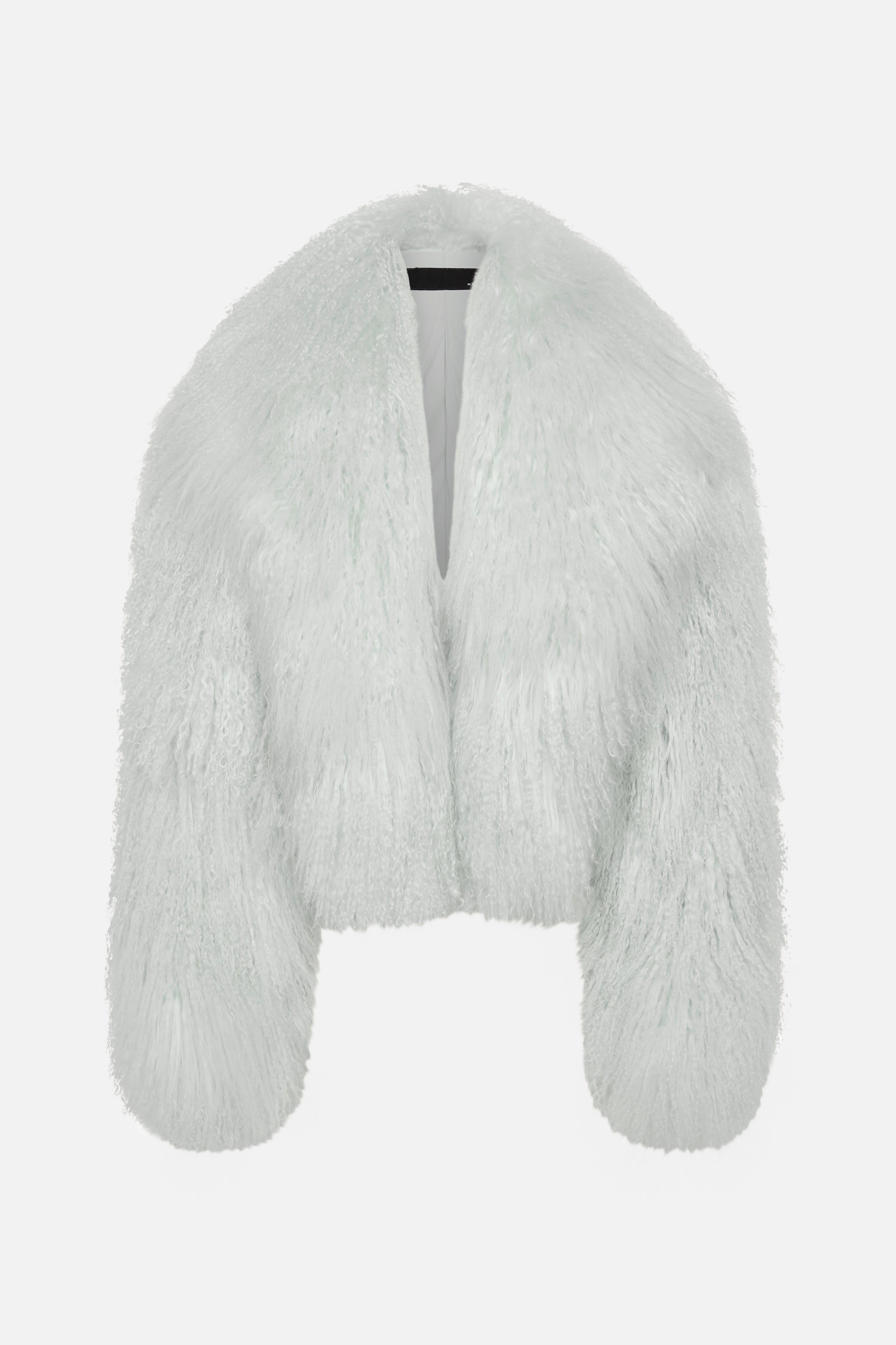 Pale mint shearling jacket, cropped view showing open front and long sleeves