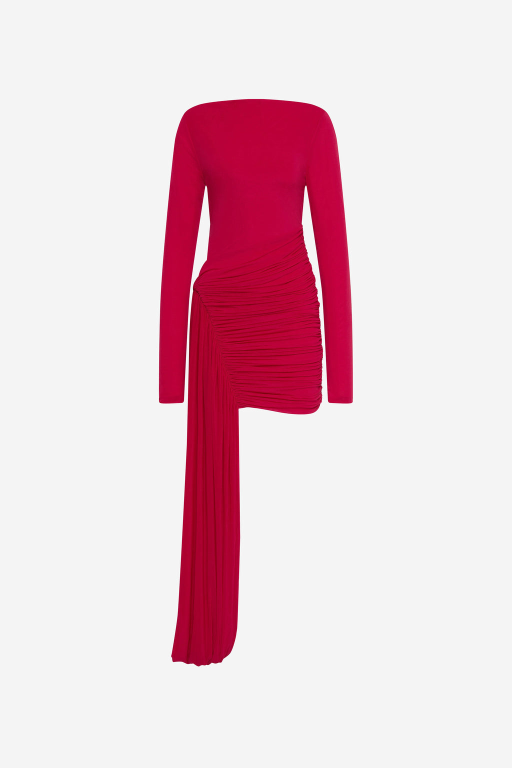 Cerise long-sleeve mini dress with gathered ruched front and draped long tail