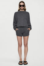 Charcoal cashmere mini knit shorts with elastic waist and cuffed hem