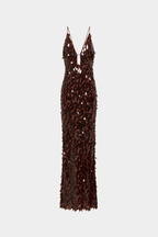 Dark sequin spaghetti-strap maxi dress with V-neck front, column fit