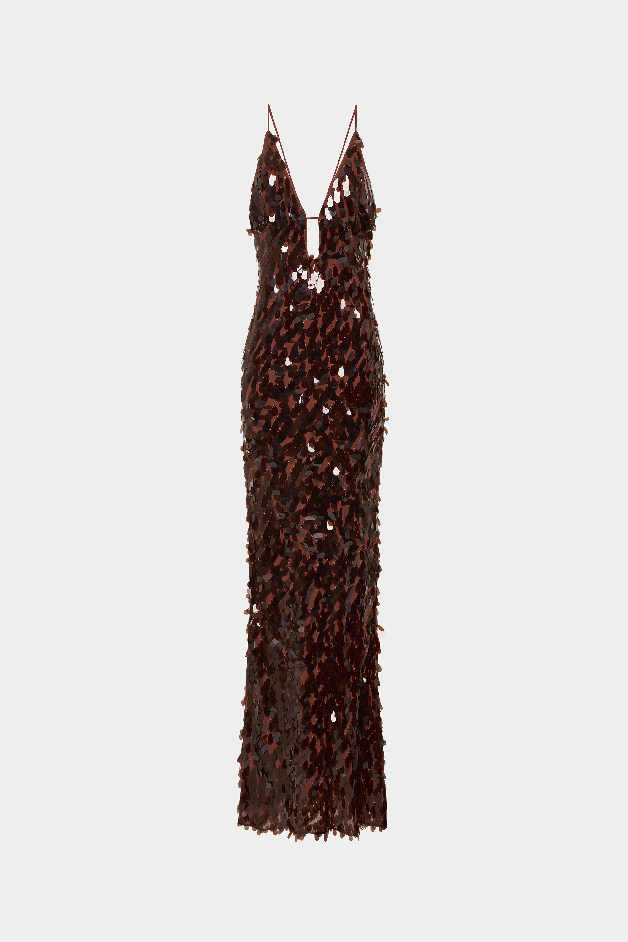 Dark sequin spaghetti-strap maxi dress with V-neck front, column fit