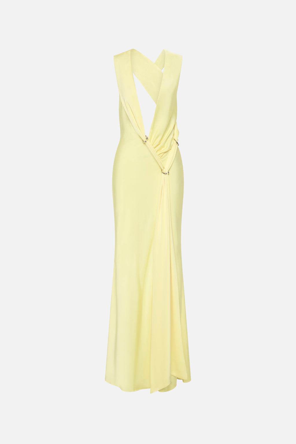 Lemon satin maxi dress with deep V back, fitted waist, and column silhouette