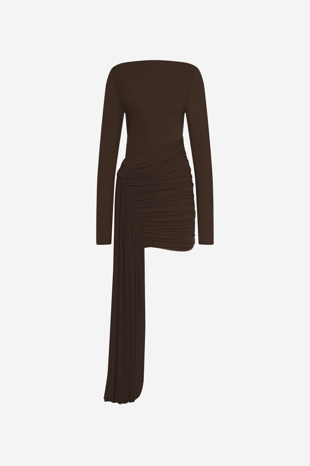 Chocolate long-sleeve mini dress with ruched drape detail and high slit