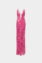 Fuchsia sequin column dress with V-neckline and thin spaghetti straps