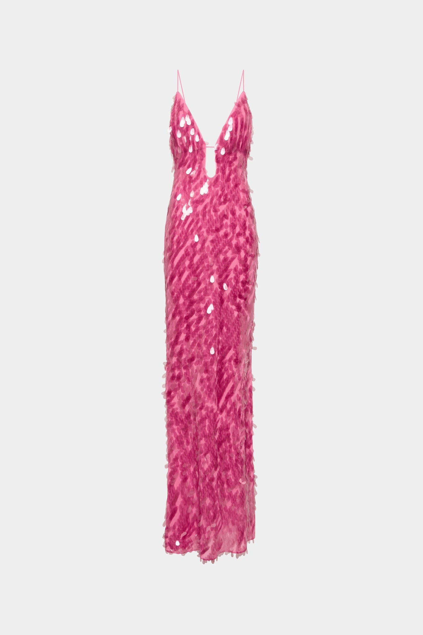 Fuchsia sequin column dress with V-neckline and thin spaghetti straps