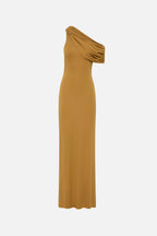 Mustard gold jersey one-shoulder maxi dress, draped shoulder detail