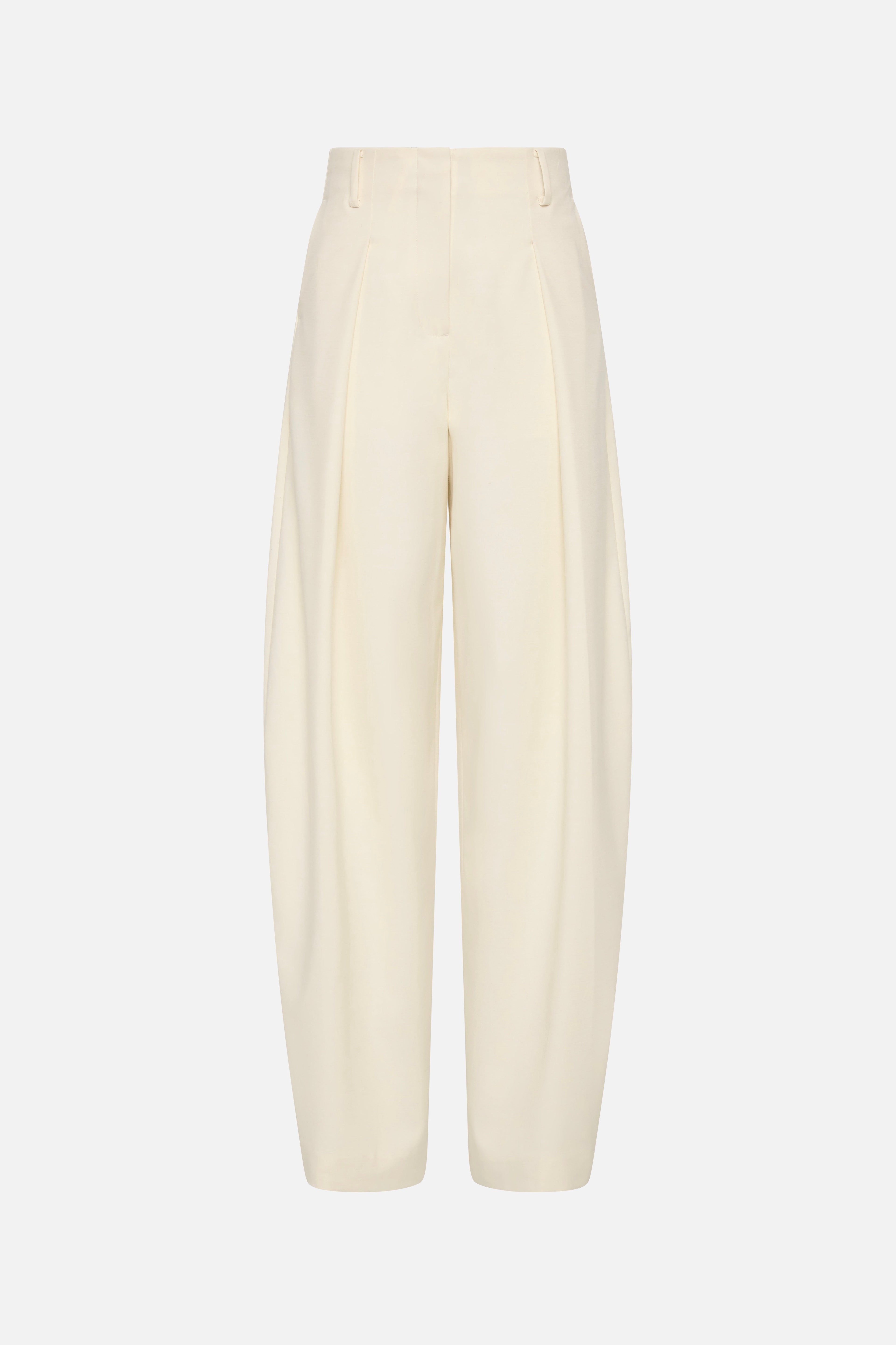 Cream wide-leg trousers flat lay with high waist and relaxed straight drape
