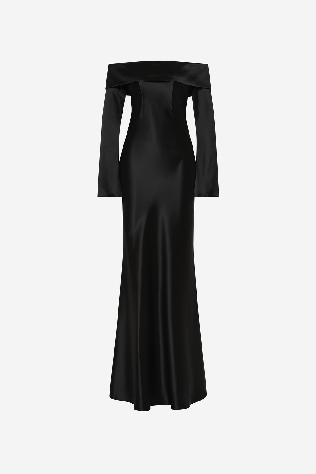 Satin off-shoulder long sleeve maxi dress, dark color, front view