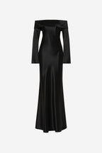 Satin off-shoulder long sleeve maxi dress, dark color, front view