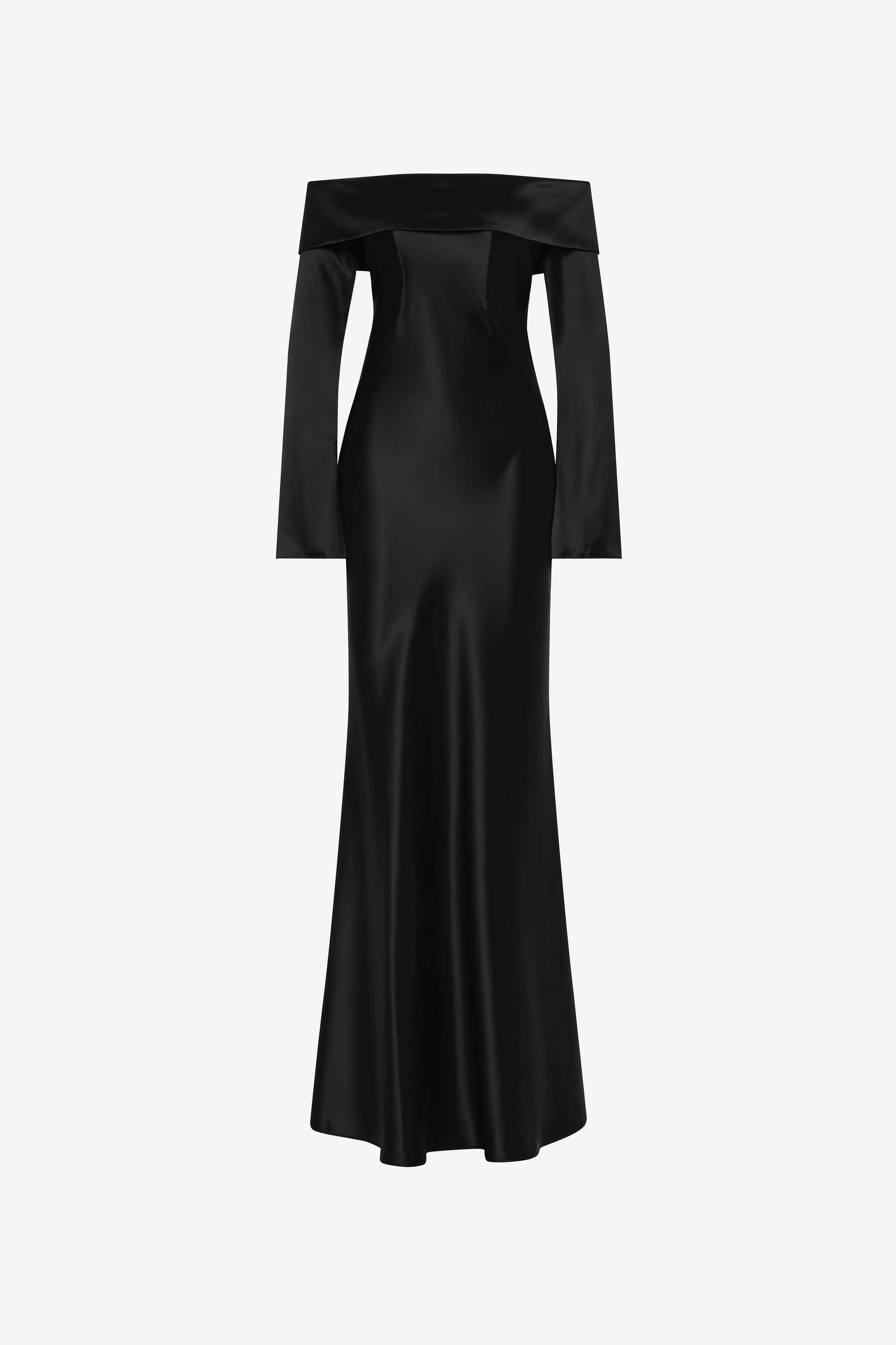 Satin off-shoulder long sleeve maxi dress, dark color, front view