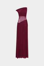 Maroon draped one-shoulder mesh dress with gathered waist and long skirt