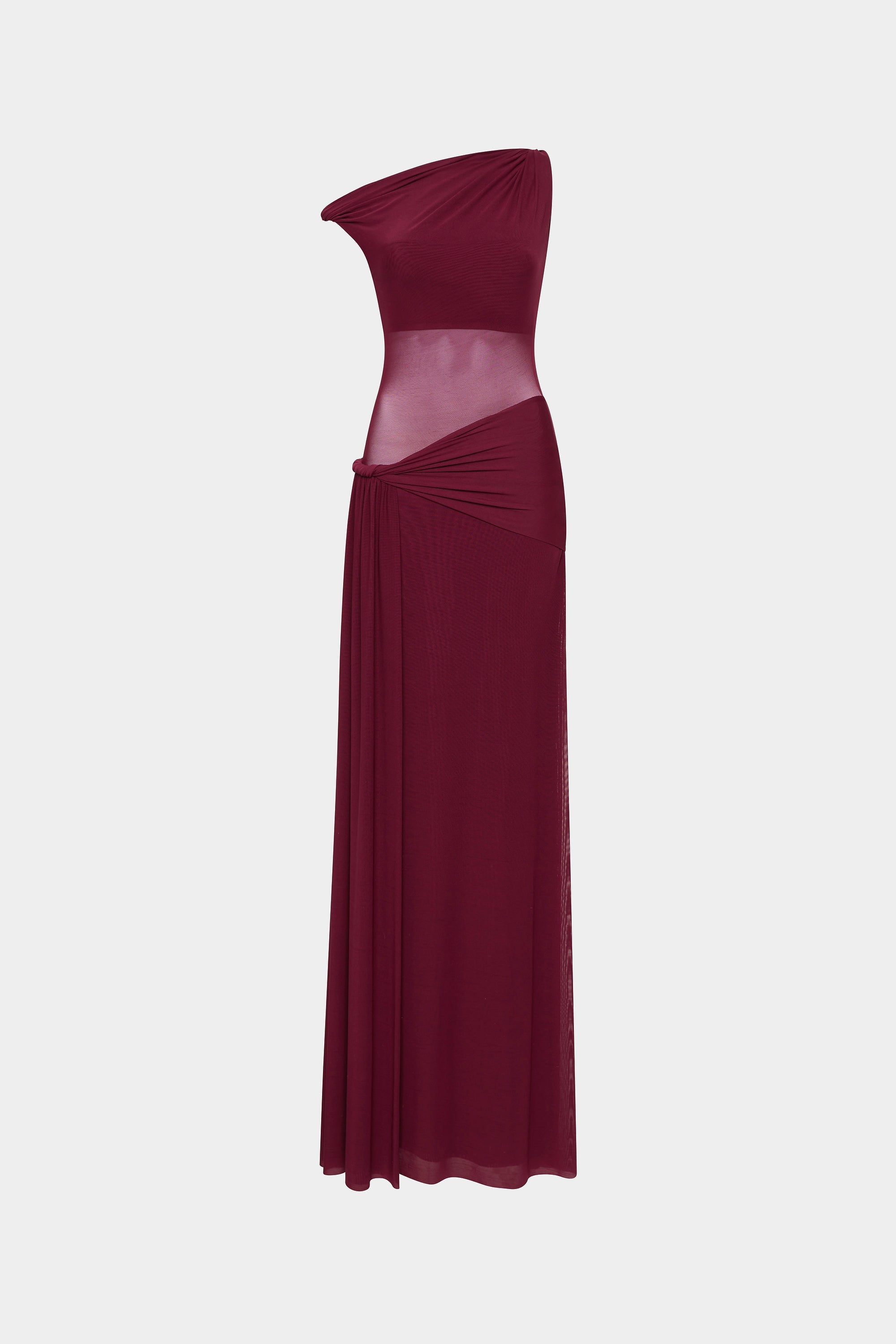 Maroon draped one-shoulder mesh dress with gathered waist and long skirt