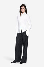 MILA ivory jersey shirt with pointed collar, long sleeves, curved hem with slit