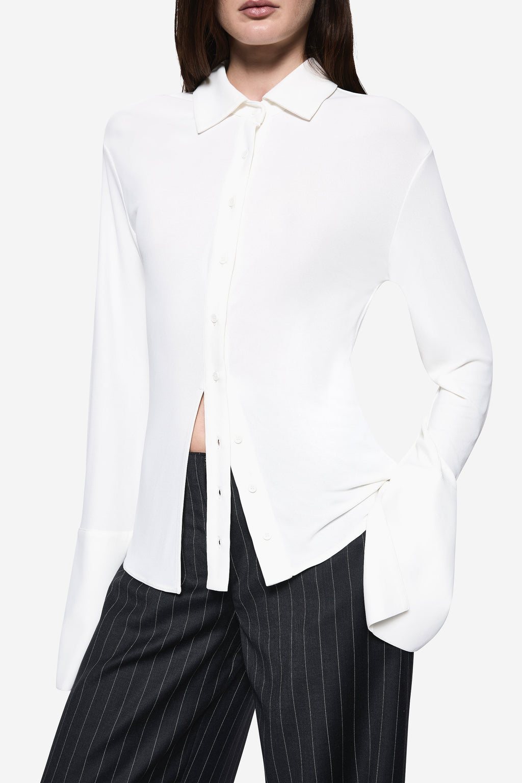 MILA ivory jersey button-up shirt with pointed collar, long sleeves, front split hem