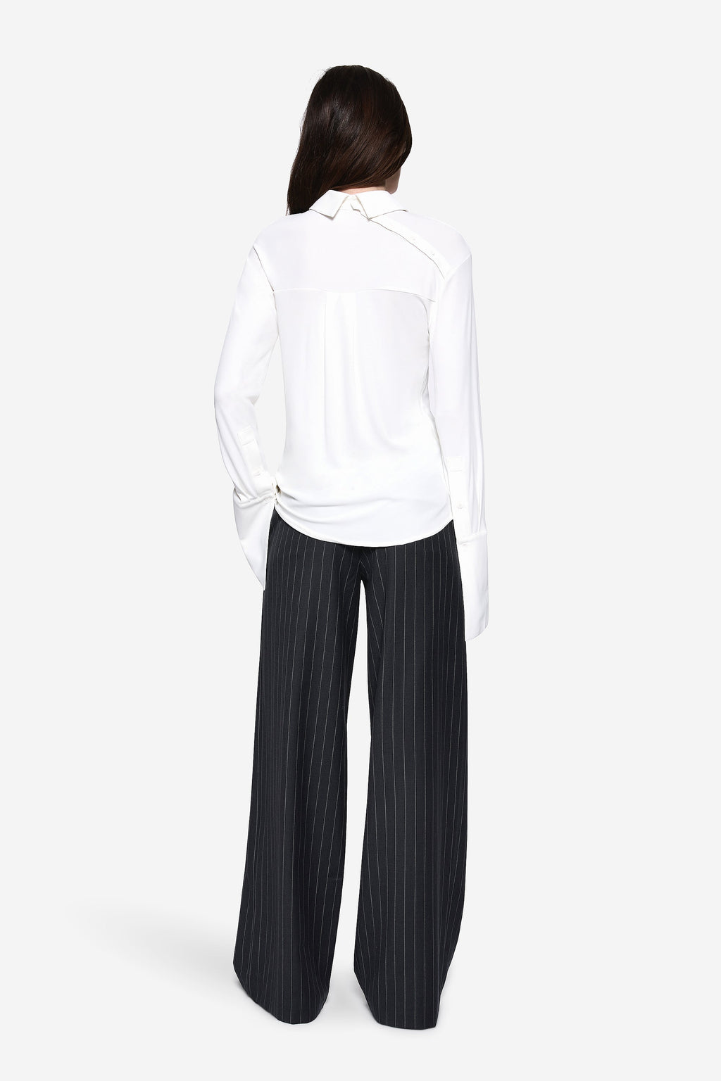 MILA ivory jersey button-up shirt, back view with pointed collar and long sleeves