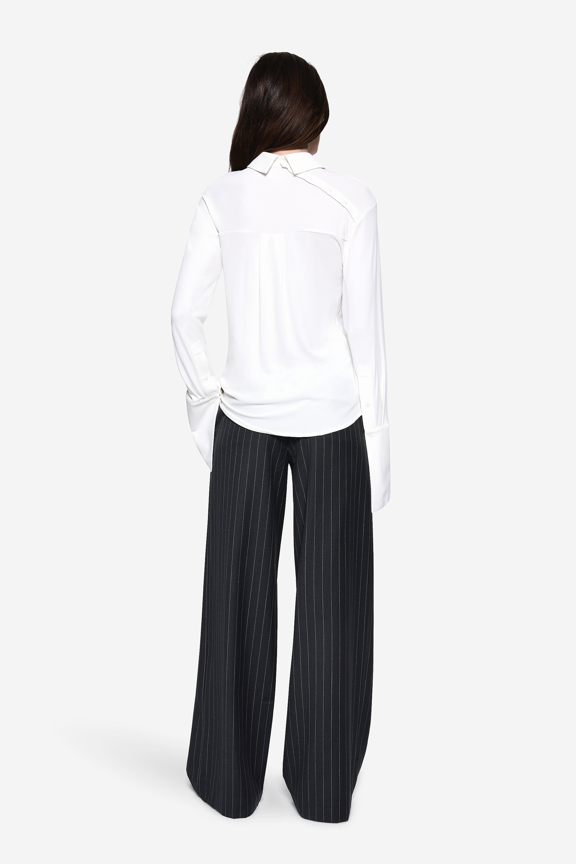 MILA ivory jersey button-up shirt, back view with pointed collar and long sleeves